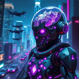 A cybernetic warforged character with an amethyst brain, set against a futuristic cityscape background illuminated by neon lights