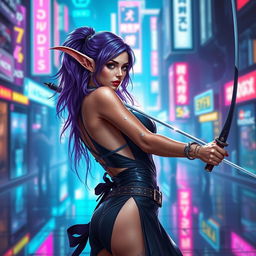 A lewdly dressed elven fencing duelist with alluring purple hair, inspired by the Cyberpunk universe