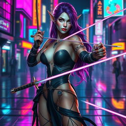 A lewdly dressed elven fencing duelist with alluring purple hair, inspired by the Cyberpunk universe