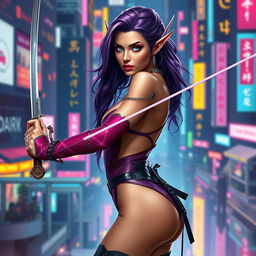 A lewdly dressed elven fencing duelist with alluring purple hair, inspired by the Cyberpunk universe