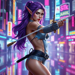 A lewdly dressed elven fencing duelist with alluring purple hair, inspired by the Cyberpunk universe