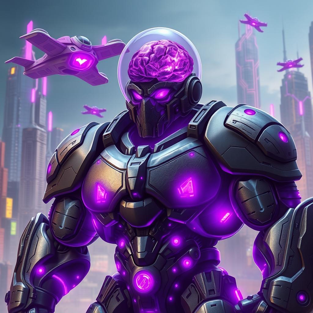 A buff warforged character with an amethyst brain, set against a futuristic cityscape backdrop