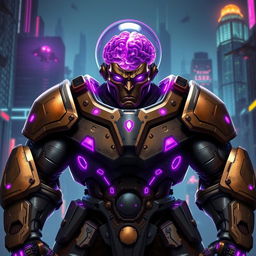 A buff warforged character with an amethyst brain, set against a futuristic cityscape backdrop