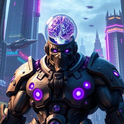 A buff warforged character with an amethyst brain, set against a futuristic cityscape backdrop