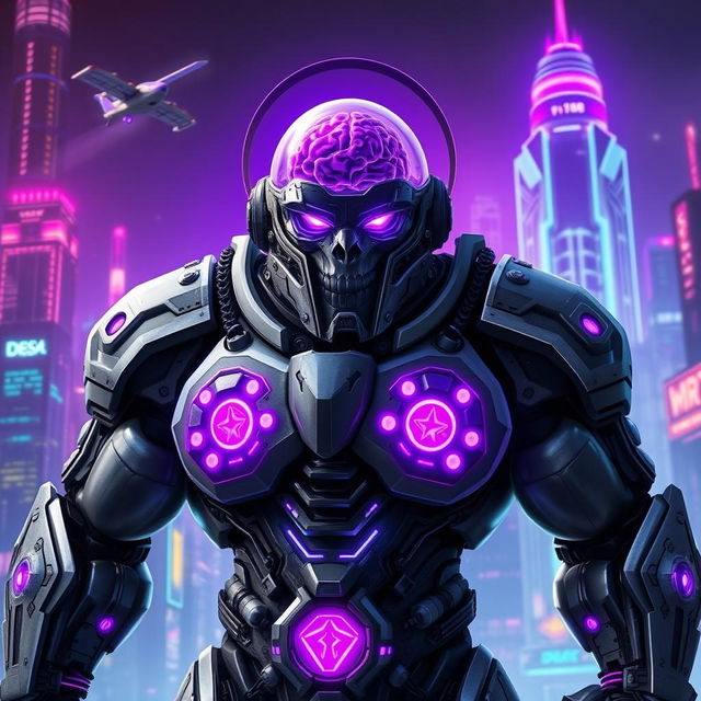 A buff warforged character with an amethyst brain, set against a futuristic cityscape backdrop