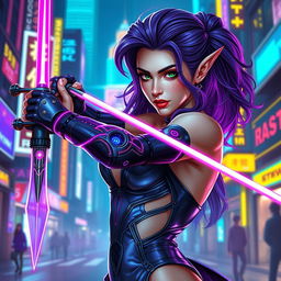 A lewdly dressed elven maiden fencing duelist set in the Cyberpunk universe