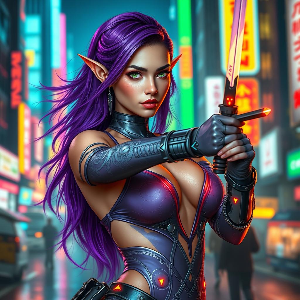 A lewdly dressed elven maiden fencing duelist set in the Cyberpunk universe