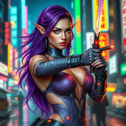 A lewdly dressed elven maiden fencing duelist set in the Cyberpunk universe
