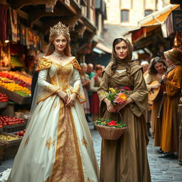 A charming princess with regal attire stands gracefully beside a beautiful commoner woman in a lively medieval marketplace