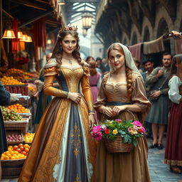 A charming princess with regal attire stands gracefully beside a beautiful commoner woman in a lively medieval marketplace