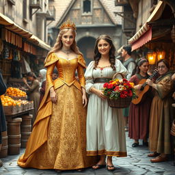 A charming princess with regal attire stands gracefully beside a beautiful commoner woman in a lively medieval marketplace