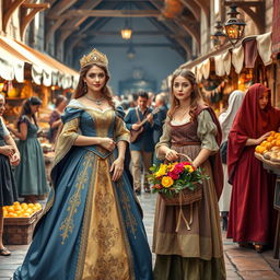 A charming princess with regal attire stands gracefully beside a beautiful commoner woman in a lively medieval marketplace