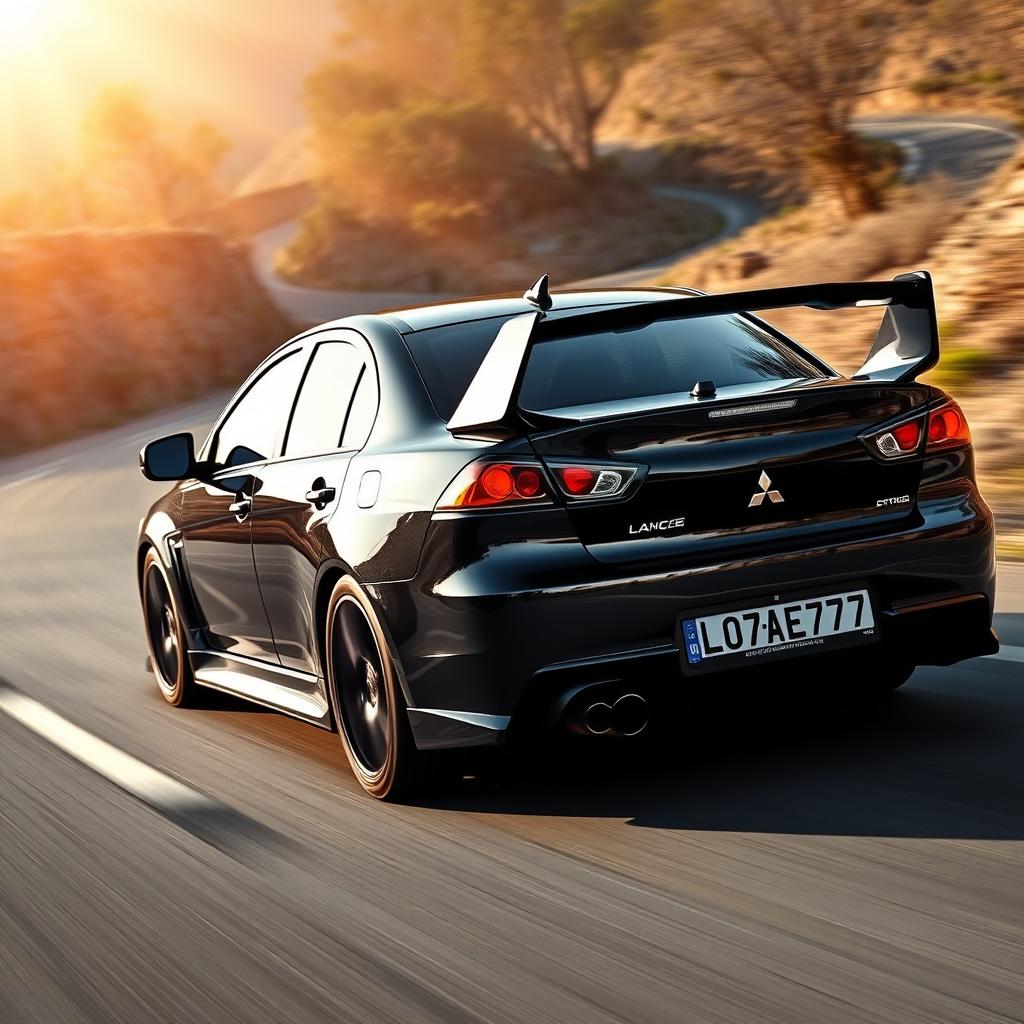 A black Mitsubishi Lancer Evolution 4 driving on a road, showcasing a sporty and dynamic motion with a sleek and aggressive design