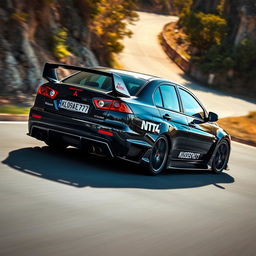 A black Mitsubishi Lancer Evolution 4 driving on a road, showcasing a sporty and dynamic motion with a sleek and aggressive design