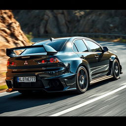 A black Mitsubishi Lancer Evolution 4 driving on a road, showcasing a sporty and dynamic motion with a sleek and aggressive design