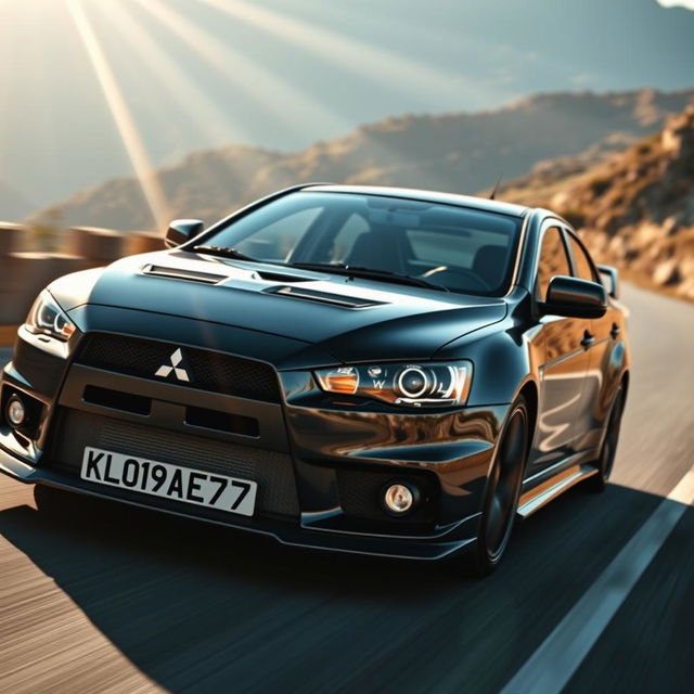 A black Mitsubishi Lancer Evolution 4 driving on a road, showcasing a sporty and dynamic motion with a sleek and aggressive design