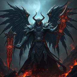 Abaddon, an imposing and fearsome angelic being with dark, tattered wings, standing amidst a landscape of swirling shadows and ethereal fire