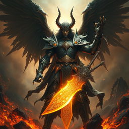 Abaddon, an imposing and fearsome angelic being with dark, tattered wings, standing amidst a landscape of swirling shadows and ethereal fire