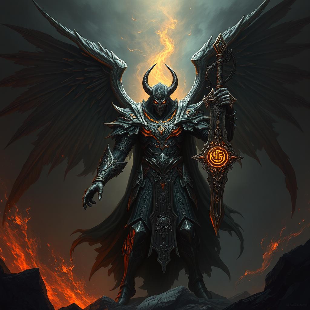 Abaddon, an imposing and fearsome angelic being with dark, tattered wings, standing amidst a landscape of swirling shadows and ethereal fire