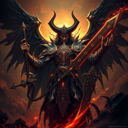 Abaddon, an imposing and fearsome angelic being with dark, tattered wings, standing amidst a landscape of swirling shadows and ethereal fire