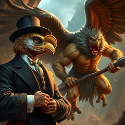 A dramatic scene featuring an Aracocra eagle folk gentleman in a moment of refined elegance, wearing a sophisticated monocle