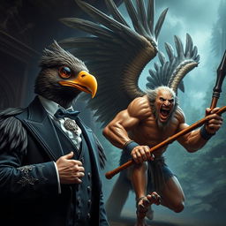 A dramatic scene featuring an Aracocra eagle folk gentleman in a moment of refined elegance, wearing a sophisticated monocle