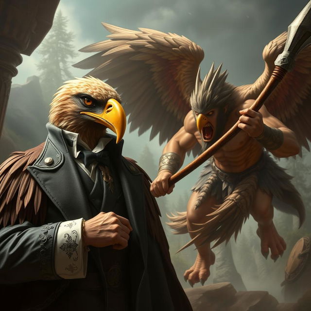 A dramatic scene featuring an Aracocra eagle folk gentleman in a moment of refined elegance, wearing a sophisticated monocle