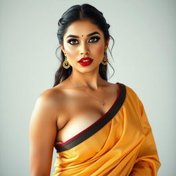 An Indian woman in a saree with a massive cleavage, tall and striking pose, exuding confidence