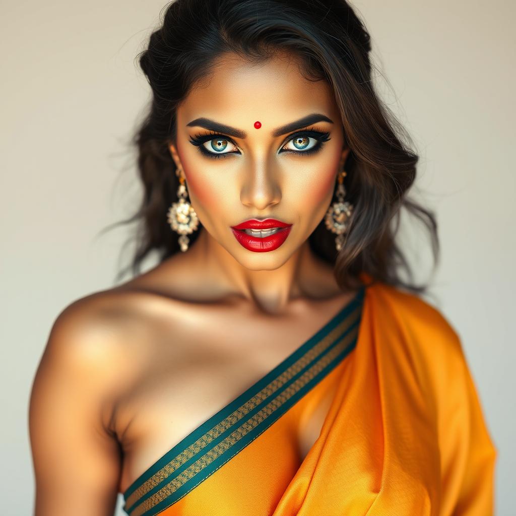 An Indian woman in a saree with a massive cleavage, tall and striking pose, exuding confidence