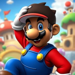 A dark-skinned character resembling Mario, from the classic video game series, but without his iconic hat