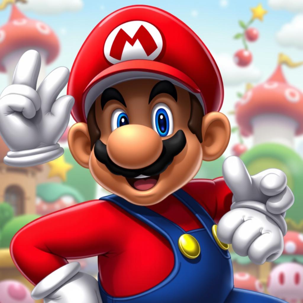 A dark-skinned character resembling Mario, from the classic video game series, but without his iconic hat