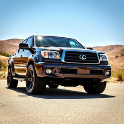 A custom 2005 Toyota Tundra pickup truck featuring the front lights and front design of a Lexus LX470