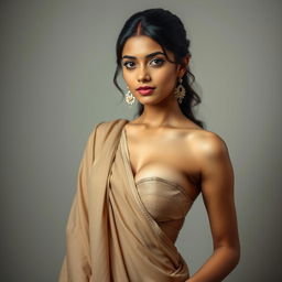 A beautiful and cute Indian girl with a busty cleavage, wearing a saree that is revealing, almost like a sensual drape