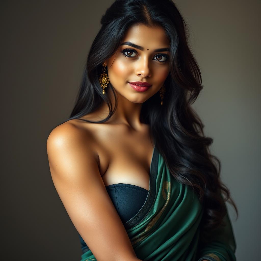 A beautiful and cute Indian girl with a busty cleavage, wearing a saree that is revealing, almost like a sensual drape