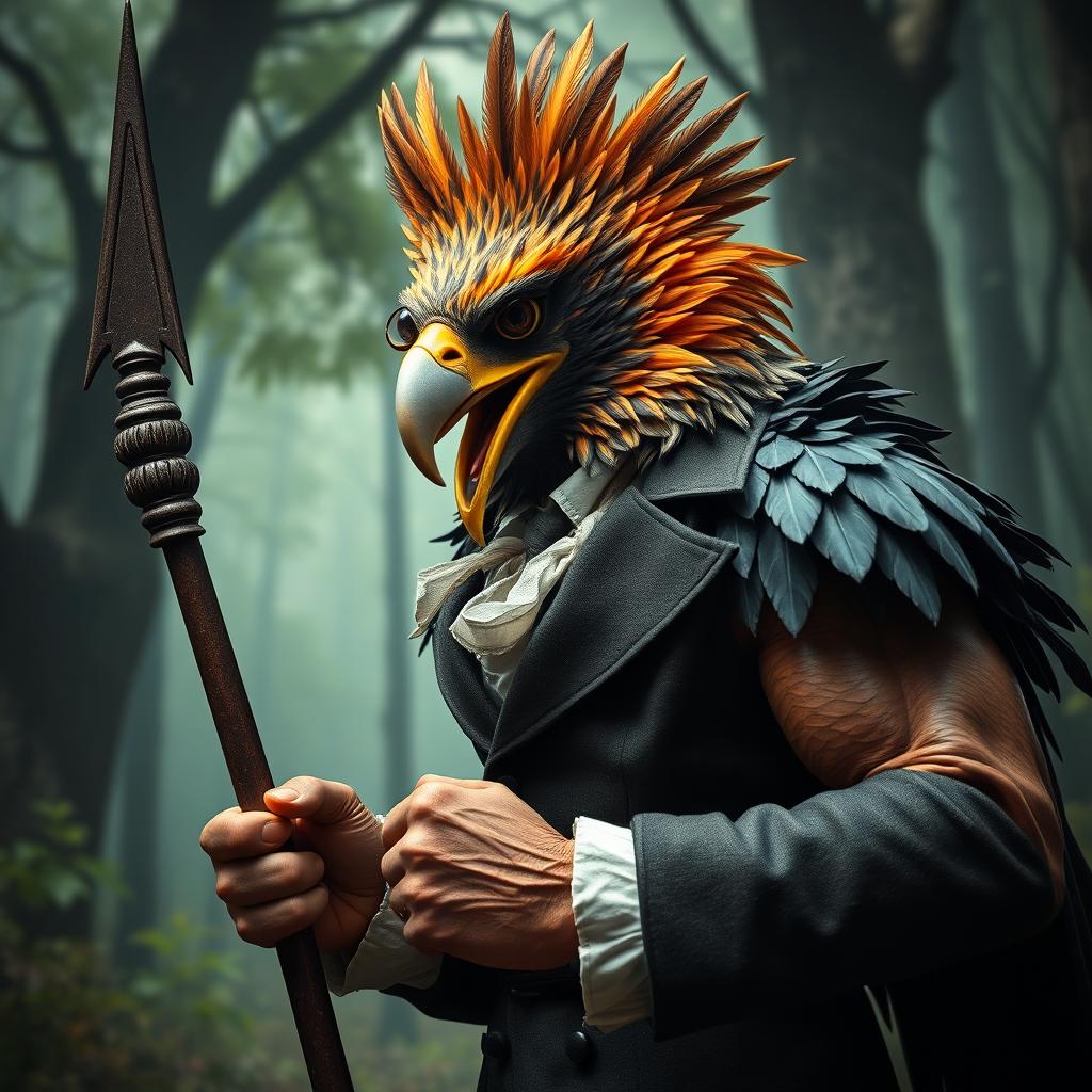 An Aracocra eagle folk gentleman in a paradoxical display, combining elements of refined elegance and wild barbaric fury