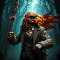 An Aracocra eagle folk gentleman in a paradoxical display, combining elements of refined elegance and wild barbaric fury