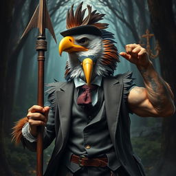 An Aracocra eagle folk gentleman in a paradoxical display, combining elements of refined elegance and wild barbaric fury