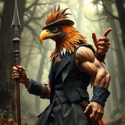 An Aracocra eagle folk gentleman in a paradoxical display, combining elements of refined elegance and wild barbaric fury