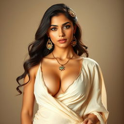 A beautiful and cute white girl with a busty cleavage, wearing a saree that is revealing, almost like a sensual drape