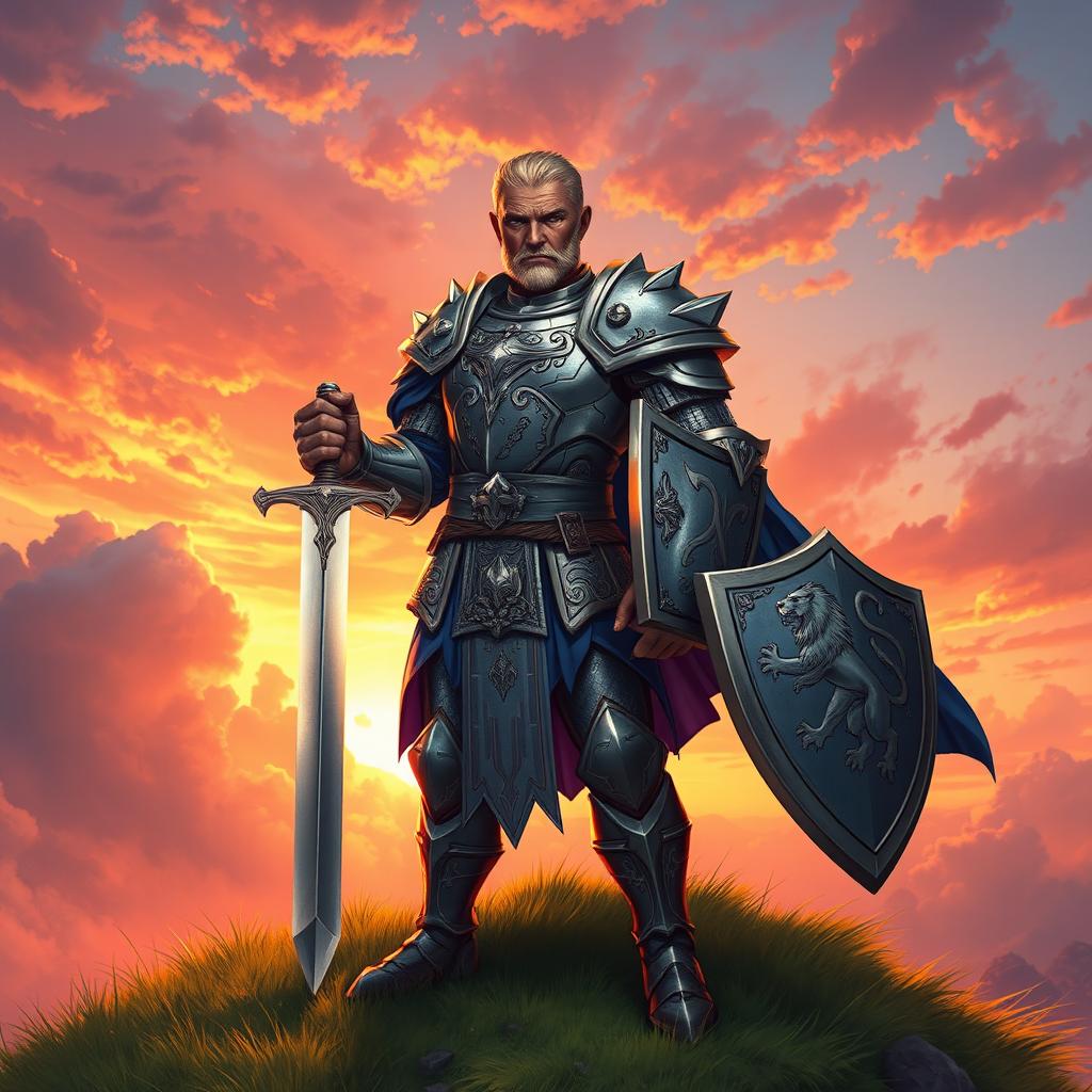 A strong and noble paladin character with a brown skin tone and a blonde shaved head