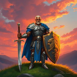 A strong and noble paladin character with a brown skin tone and a blonde shaved head