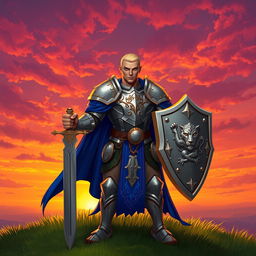 A strong and noble paladin character with a brown skin tone and a blonde shaved head