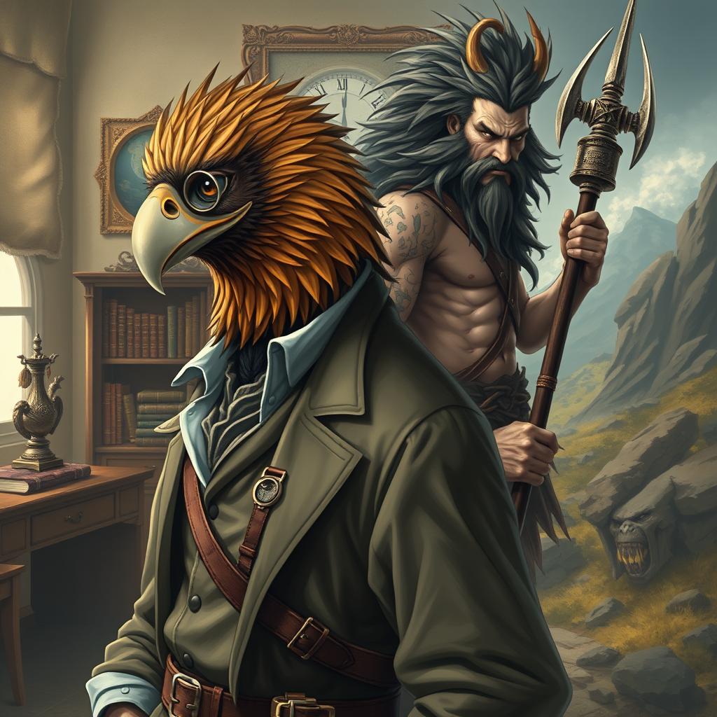 A captivating scene of duality featuring an Aracocra eagle folk gentleman, who is both a scientist and explorer