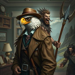 A captivating scene of duality featuring an Aracocra eagle folk gentleman, who is both a scientist and explorer