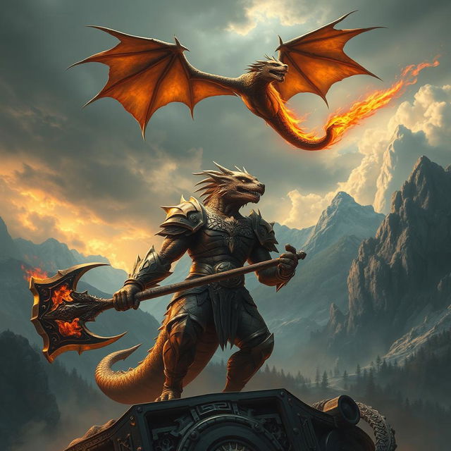 A dramatic fantasy scene featuring a massive bronze dragonborn warrior alongside a fierce fire wyvern in a mystic, mountainous landscape