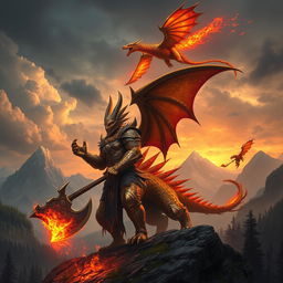 A dramatic fantasy scene featuring a massive bronze dragonborn warrior alongside a fierce fire wyvern in a mystic, mountainous landscape