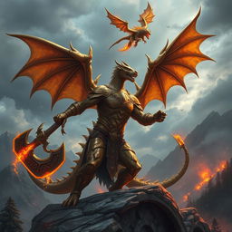 A dramatic fantasy scene featuring a massive bronze dragonborn warrior alongside a fierce fire wyvern in a mystic, mountainous landscape