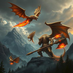 A dramatic fantasy scene featuring a massive bronze dragonborn warrior alongside a fierce fire wyvern in a mystic, mountainous landscape