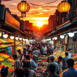 A vibrant and bustling market scene at sunset, filled with an array of colorful stalls displaying various fruits, vegetables, and spices