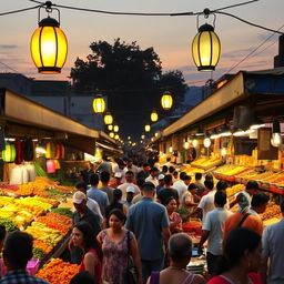 A vibrant and bustling market scene at sunset, filled with an array of colorful stalls displaying various fruits, vegetables, and spices